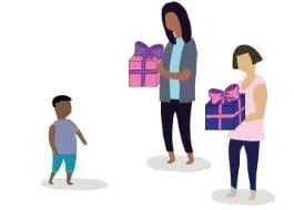 Both parents bring wrapped gifts to a child
