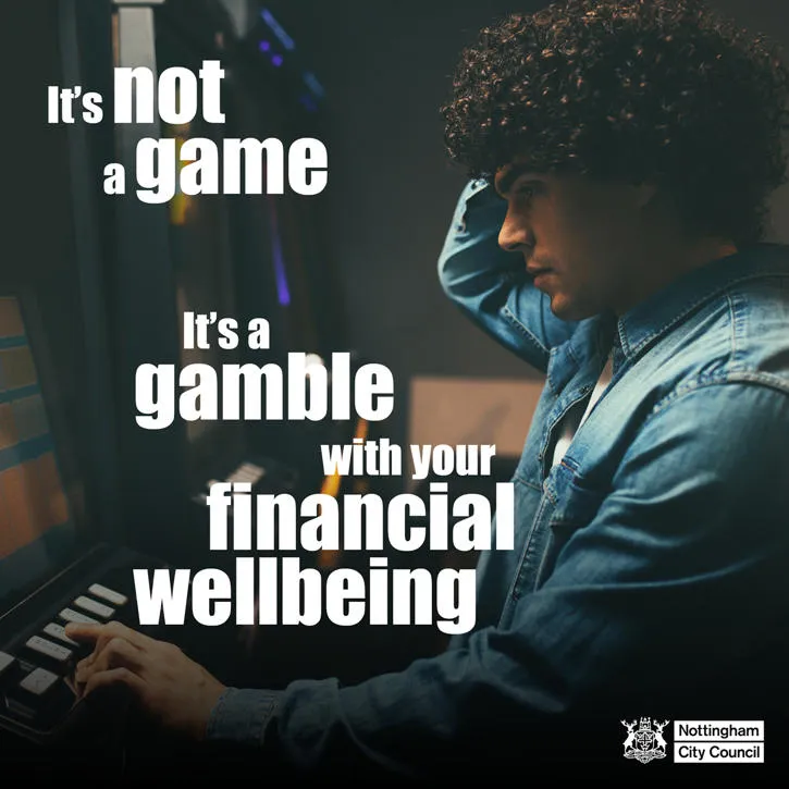 Young person playing slot machines with overlaid text: "It's not a game. It's a gamble with your financial wellbeing."