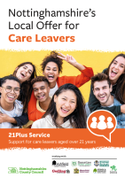 A title page for the 21 Plus Service brochure with 6 young people looking happy smiling for the camera