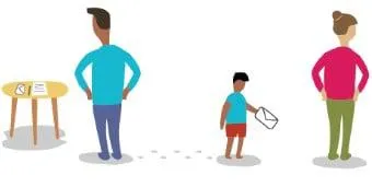Two adults stood apart with their backs to each other. Child takes a message from one to the other