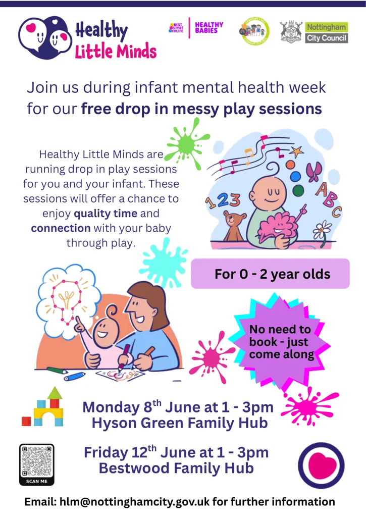 Flyer for free drop-in messy play sessions; same text contents as webpage