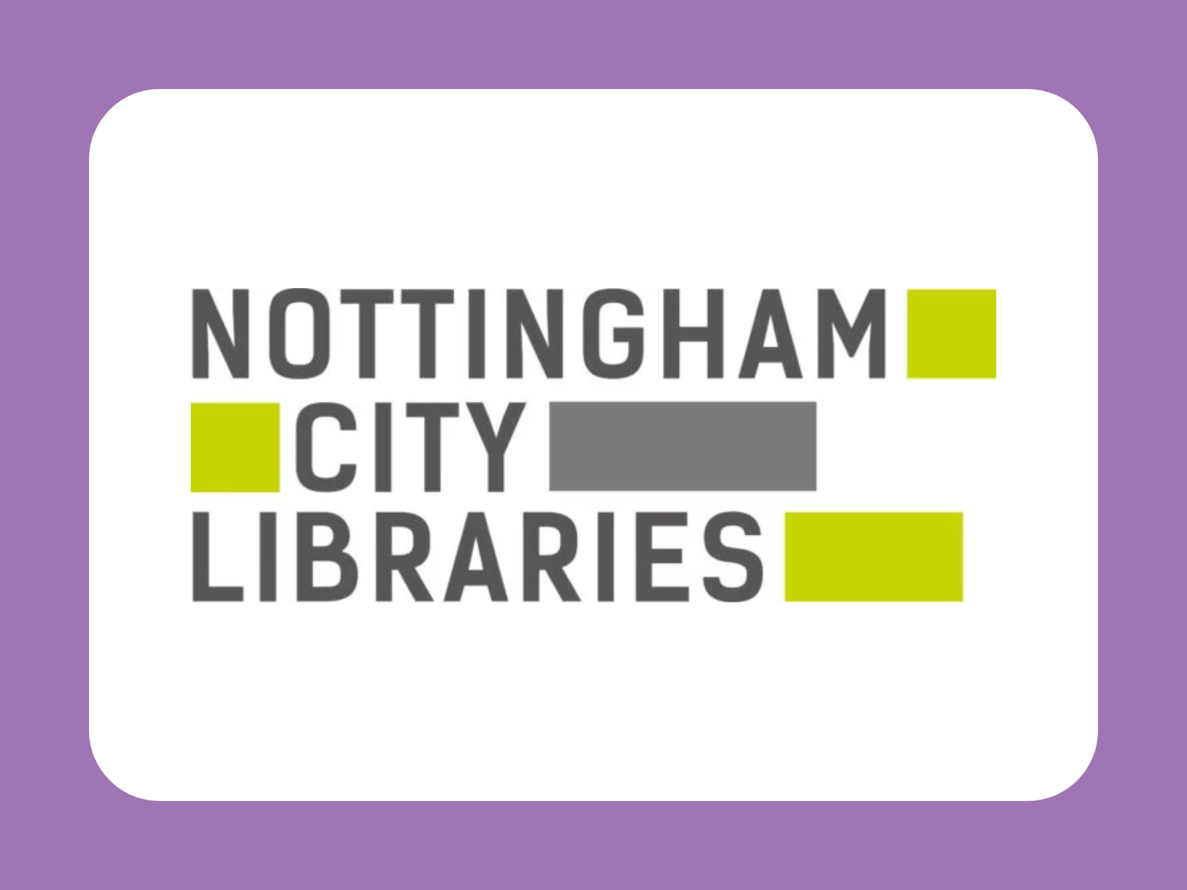 Nottingham City Libraries logo with green and gray rectangles on a white background, bordered by purple.