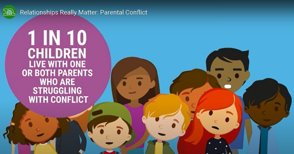 Illustration of diverse children with text stating 1 in 10 children live with one or both parents who are struggling with conflict.