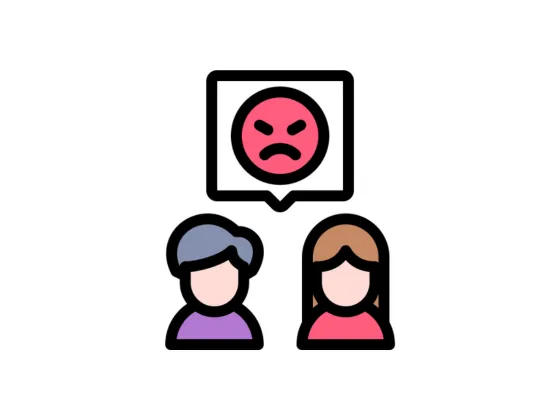 Speech bubble above the heads of two people with an angry face in it