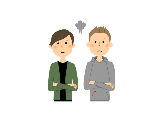 Two unhappy people with their arms crossed and a grey cloud between them