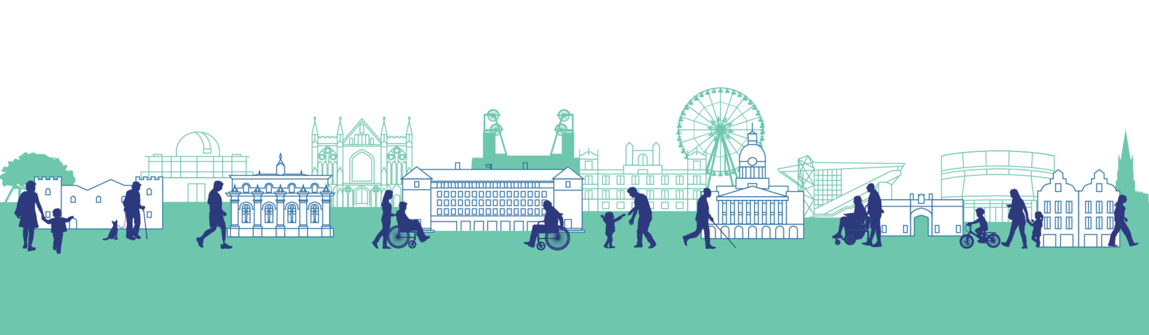 Stylised skyline illustration showing landmark buildings with silhouettes of people