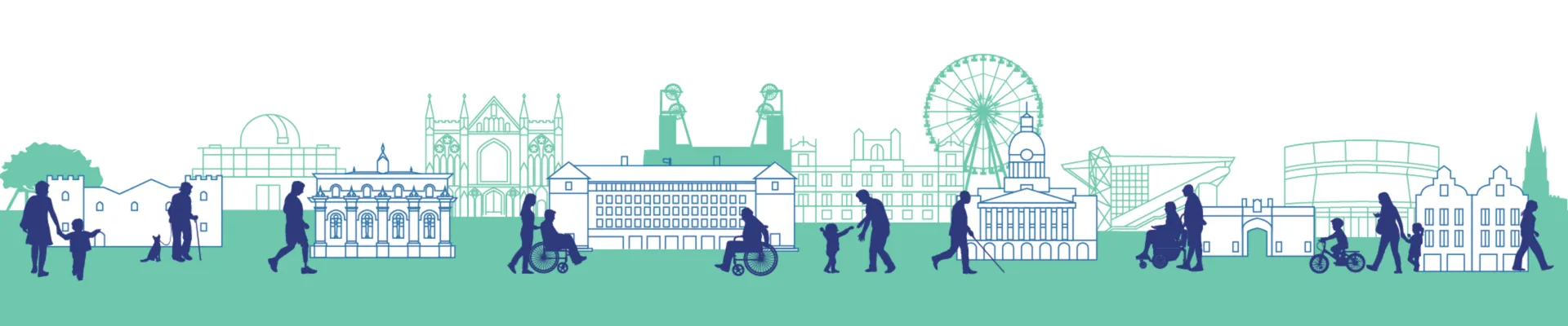 Stylised skyline illustration showing landmark buildings with silhouettes of people