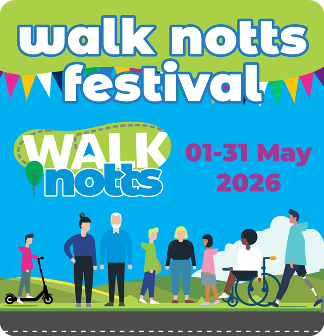 Cartoon image of a group of people with various abilities. Walk Notts festival 01 until 31 May 2026