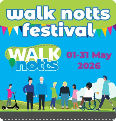 Cartoon image of a group of people with various abilities. Walk Notts festival 01 until 31 May 2026