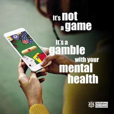 Person holding a phone playing a gambling game, with text warning that gambling affects mental health.
