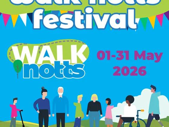 Cartoon image of a group of people of all abilities outside. Walk Notts Festival 01 until 31 May 2026