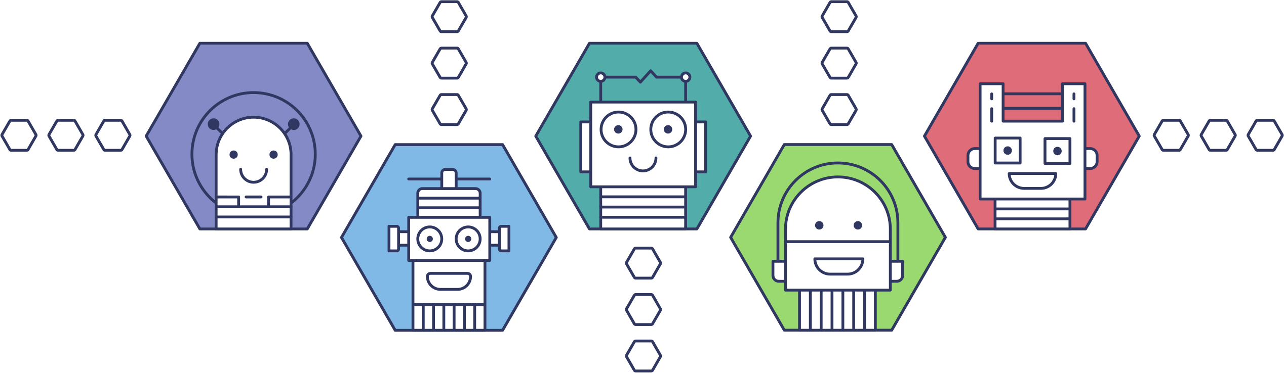 Illustration of five friendly cartoon robots displayed inside colourful hexagons, with small hexagon shapes arranged around them on a light background.