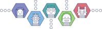 Illustration of five friendly cartoon robots displayed inside colourful hexagons, with small hexagon shapes arranged around them on a light background.