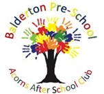 A tree with multi-coloured hand prints for the leaves, text on image: Balderton Pre-School, Acorns After School Club