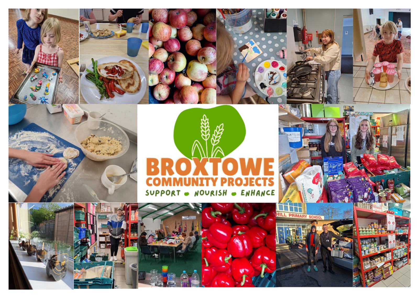 a composite photo showing many BCP projects including food, children, adults participating in activities 