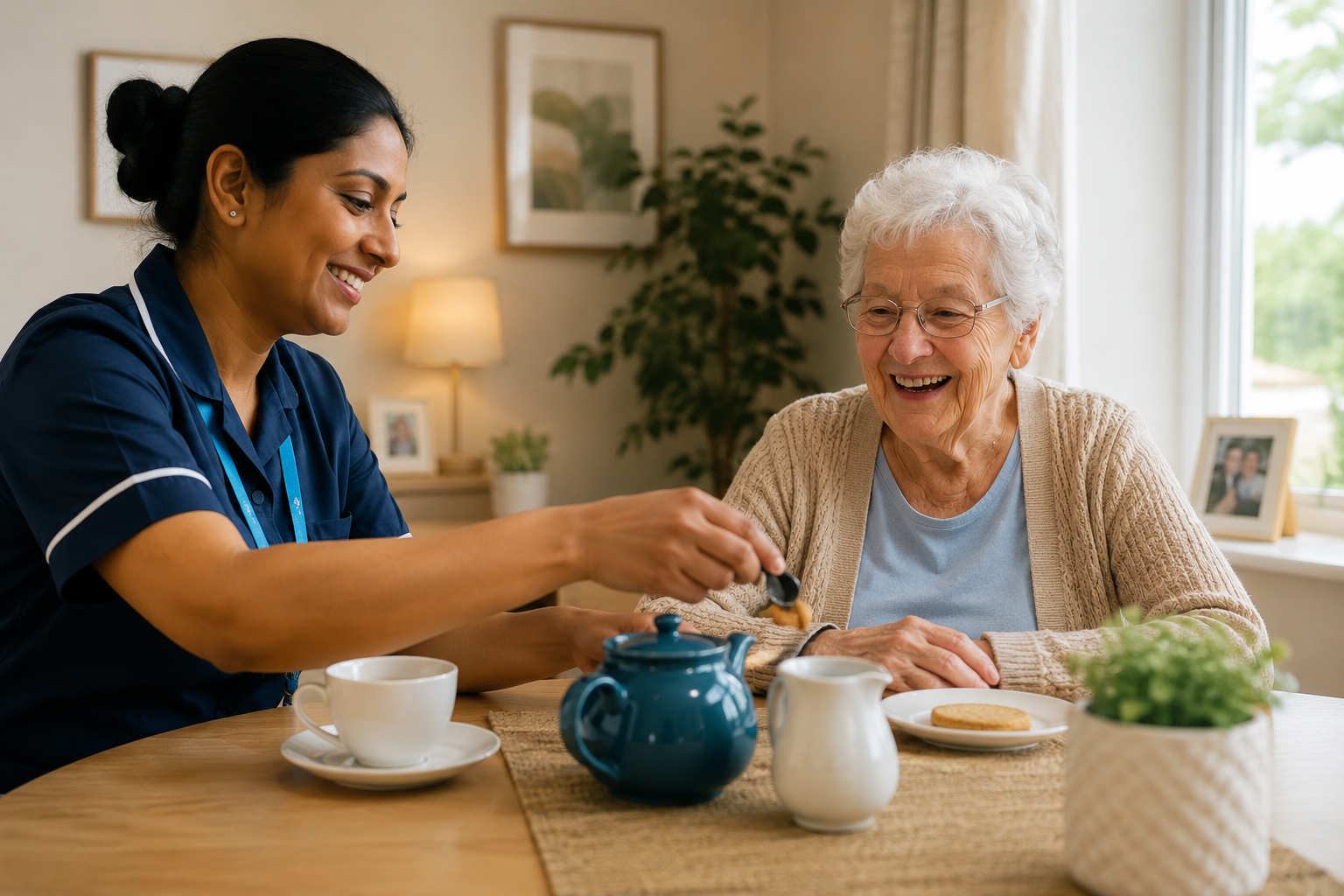 Care worker sharing tea and conversation with an older woman at home, demonstrating companionship, wellbeing support and person-centred care in a comfortable home setting.