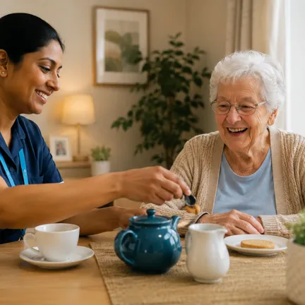 Care worker sharing tea and conversation with an older woman at home, demonstrating companionship, wellbeing support and person-centred care in a comfortable home setting.