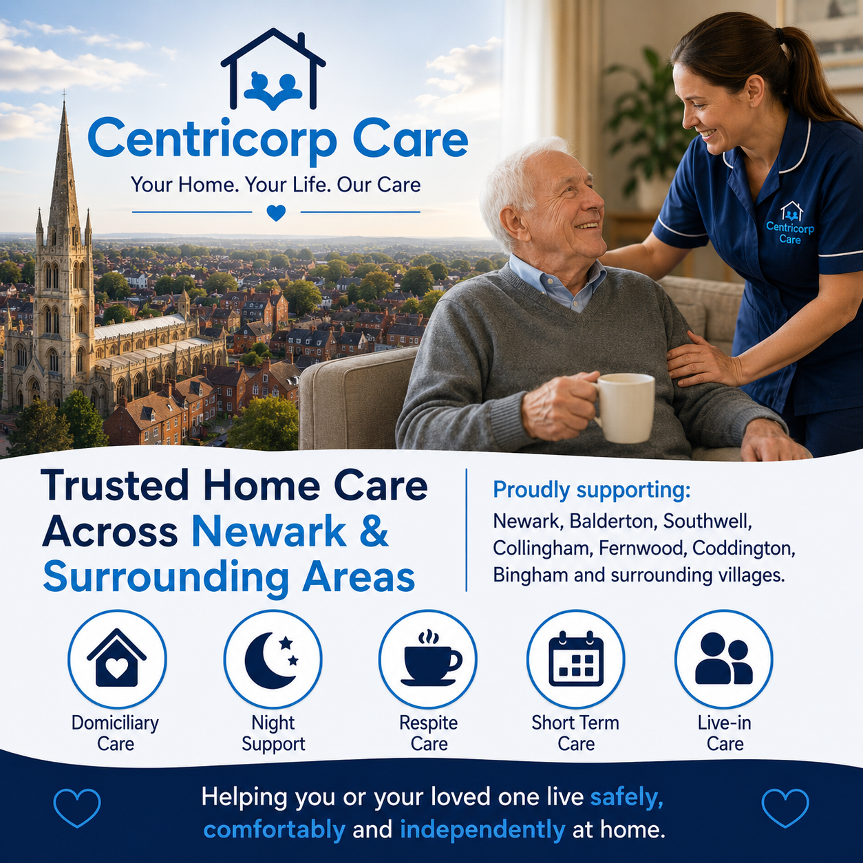 Promotional banner for Centricorp Care showing a carer supporting an older person at home, highlighting home care services across Newark and surrounding areas including domiciliary care, night support, respite care, short-term care and live-in care.