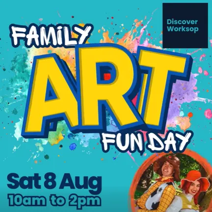 Family Art Fun day poster, saturday 8 August 10am til 2pm