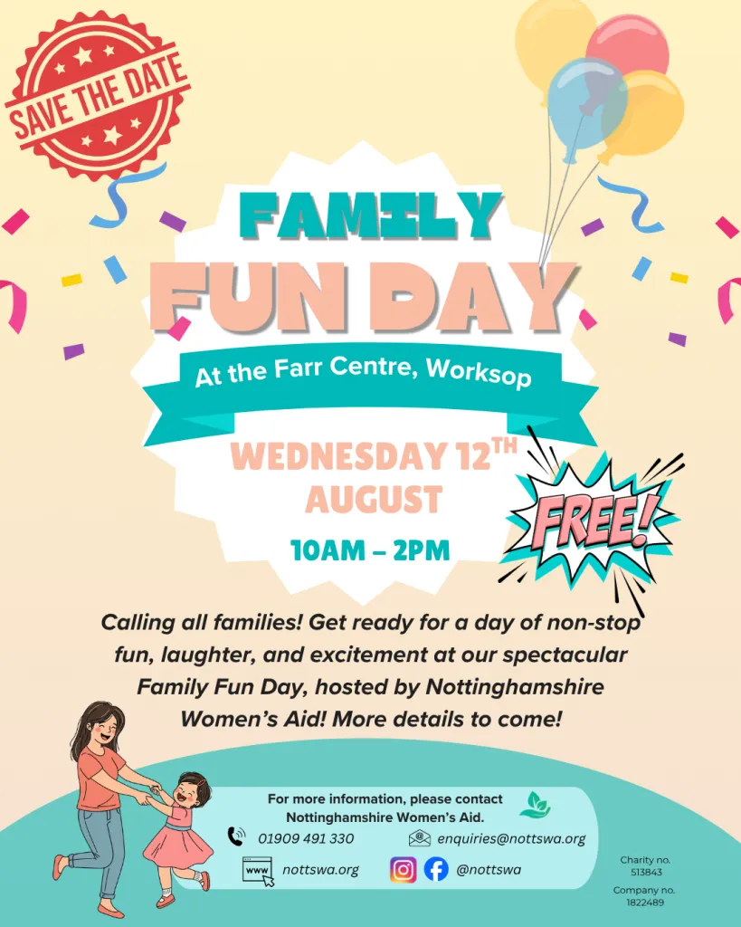 Family Fun Day poster with date, time, location details, and contact info.