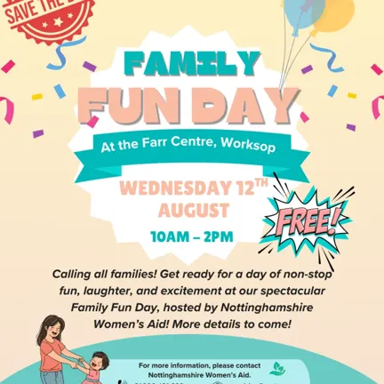 Family Fun Day poster with date, time, location details, and contact info.