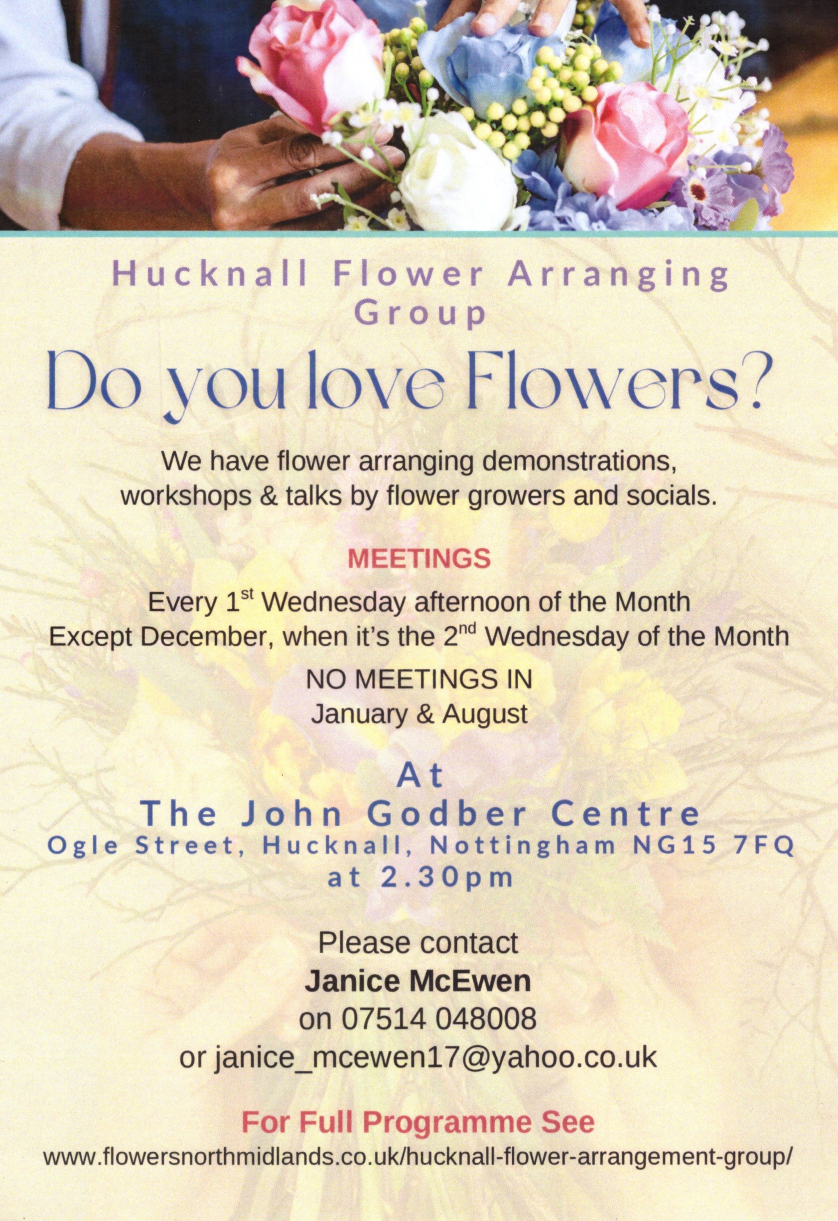 Flower arrangement & contact details.