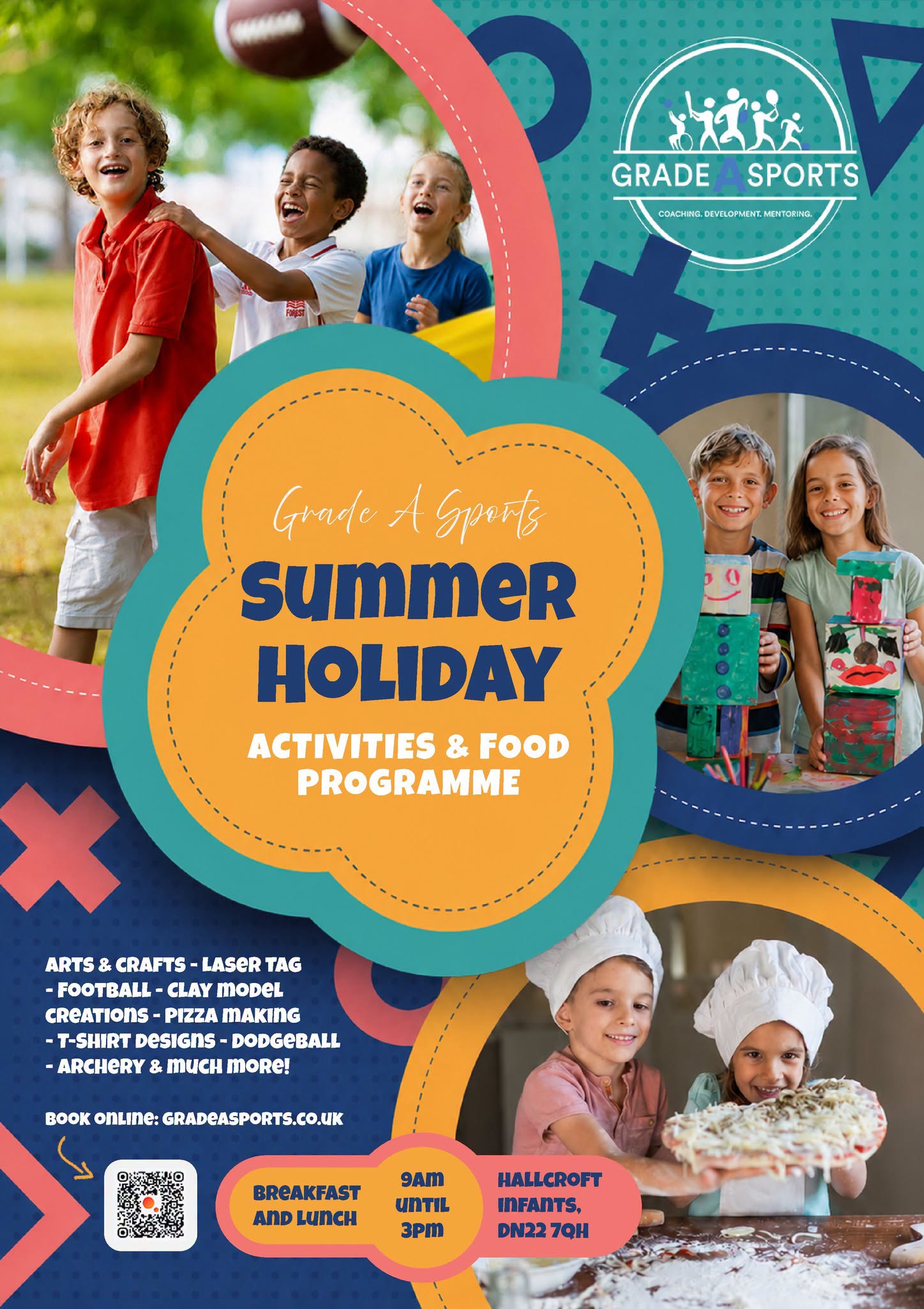 Children playing, making crafts and cooking, with text promoting free summer holiday activities and food for children