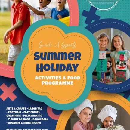 Children playing, making crafts and cooking, with text promoting free summer holiday activities and food for children