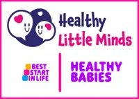 Two smiling faces in speech bubbles above the text Healthy Little Minds, Best Start in Life, and Healthy Babies.