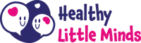 Two smiley face speech bubbles in a heart with the wording Healthy Little Minds