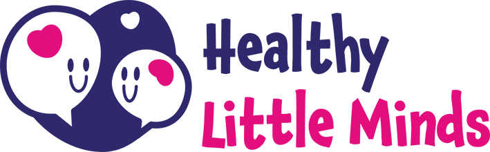 Two smiley face speech bubbles in a heart with the wording Healthy Little Minds