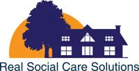 Logo: Blue house and tree with orange sun behind with text Real Social Care Solutions