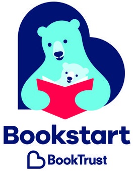 Navy blue heart on its side containing a nested image of a bear and cub reading a red book  together with the BookTrust navy heart logo underneath.