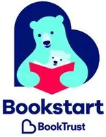 Navy blue heart on its side containing a nested image of a bear and cub reading a red book together with the BookTrust navy heart logo underneath.