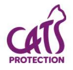 Purple text on white The word cat forming a seated cat with protection in capitals forming the ground underneath.