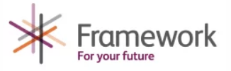 Logo: Coloured intersecting lines with text Framework For your future