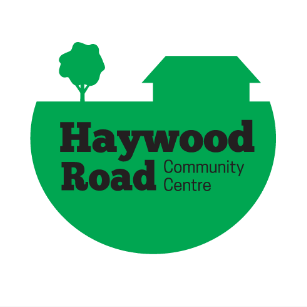 Logo: Green outline of tree, house and ground with black text Haywood Road Community Centre