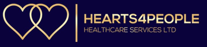 Logo: Two gold heart outlines crossing with text Hearts4people healthcare services LTD