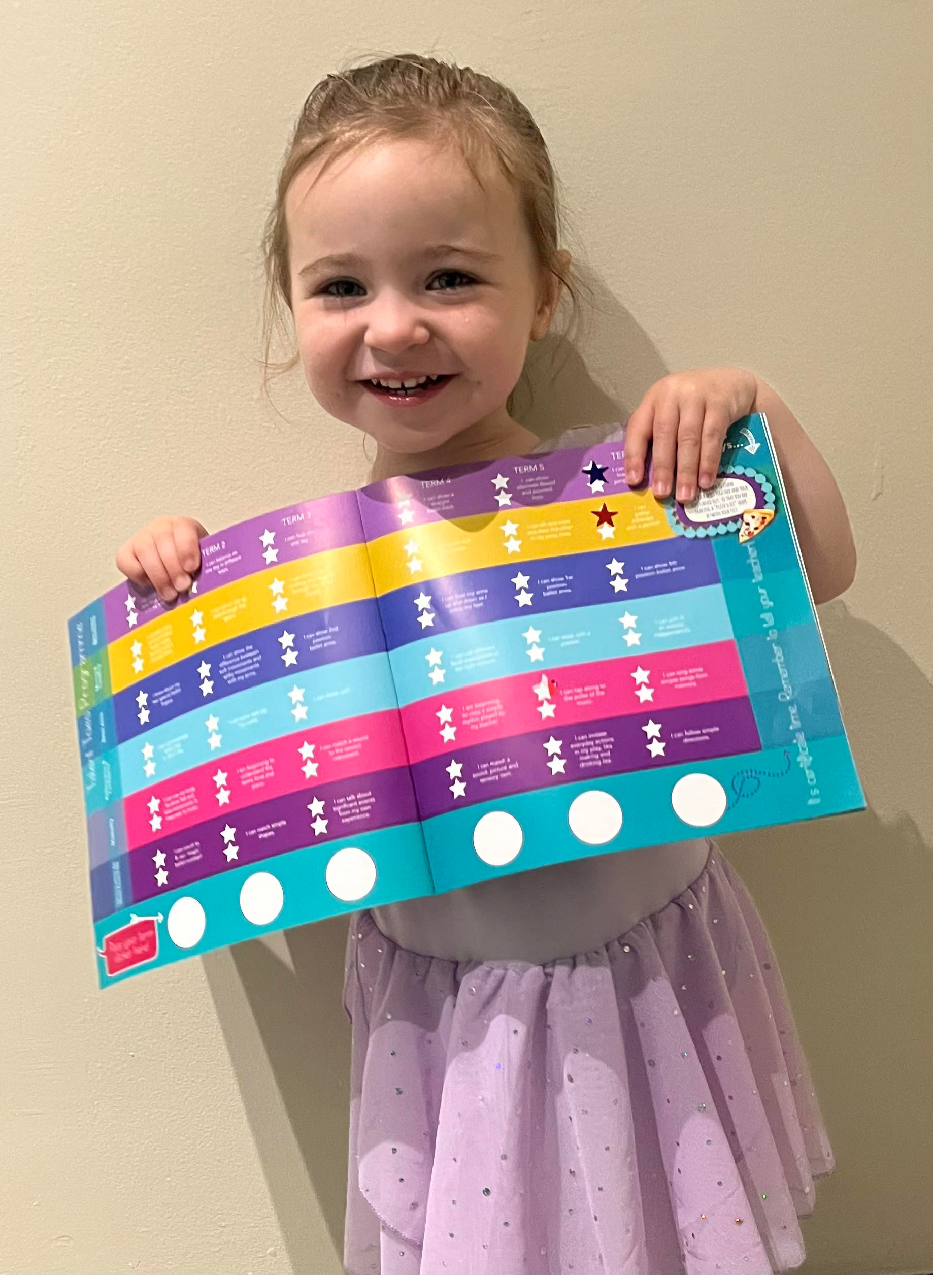 a photograph of a young girl holiday a chart smiling