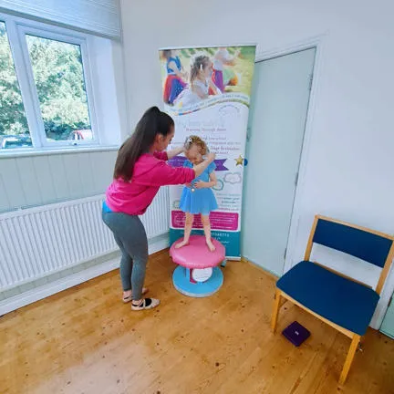 picture from a ballet session including an adult and a child