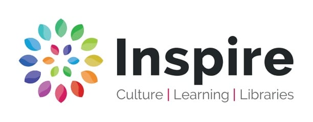 Inspire logo: Inspire Logo, Cake or flower made up from colourful leaves.  With Inspire text in bold black text to the side.