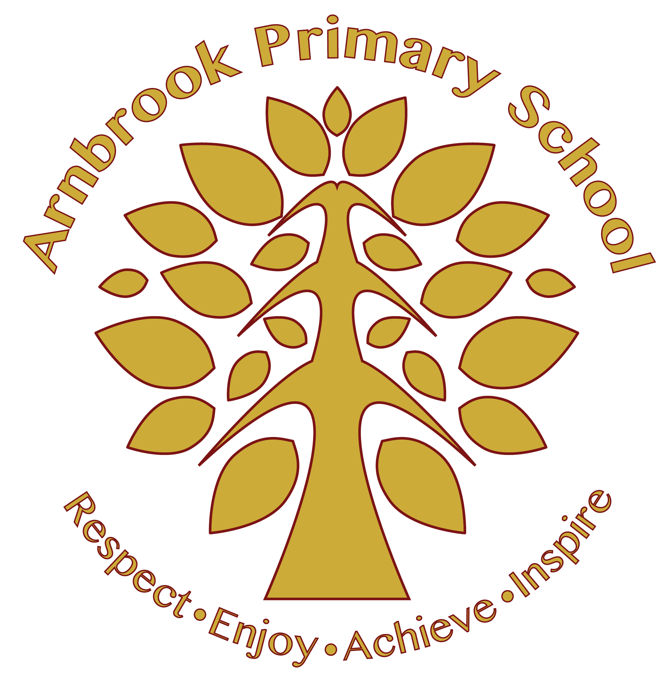 Arnbrook Primary School Including a gold tree graphic with the text, Respect, Enjoy, achieve, inspire written below