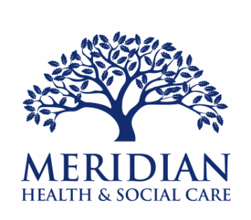 Logo: Blue Tree with text below, Meridian Health & Social Care