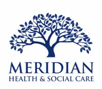 Logo: Blue Tree with text below, Meridian Health & Social Care