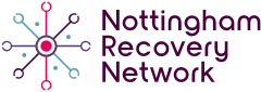 The image shows the logo of Nottingham Recovery Network. The logo consists of a central red circle with six lines extending outward, each ending in a circular shape with smaller circles attached to them, resembling a molecular structure. To the right of this design, the text "Nottingham Recovery Network" is written in bold, dark purple letters.