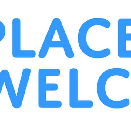 Places of welcome logo Blue mug inside a blue location pointer icon,