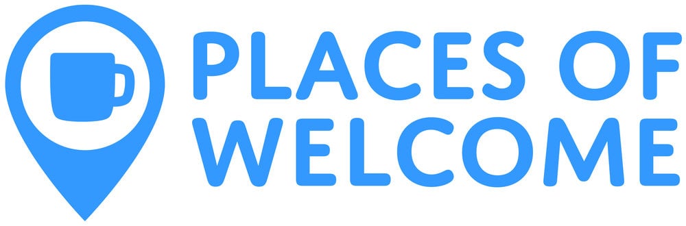 Places of Welcome logo - Blue typography with map in with mug inside.