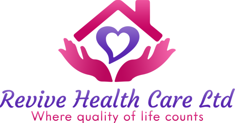 Logo: Hands holding house with heart in centre, text below reads Revive Health Care Ltd, Where quality of life counts