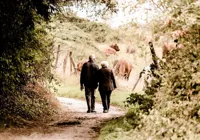 Two people walking down a country path surrounded by trees and bushes