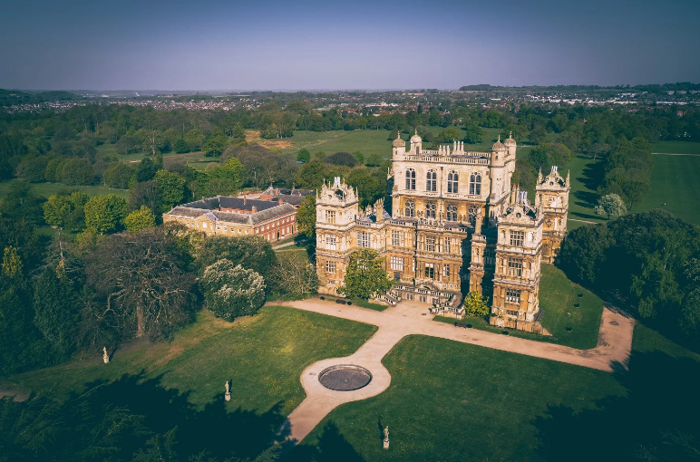 Wollaton hall aerial shot of building and surrounding park